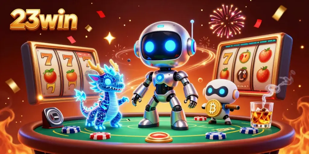 Experience thrilling gaming action at 23win with a vibrant 3D futuristic casino scene