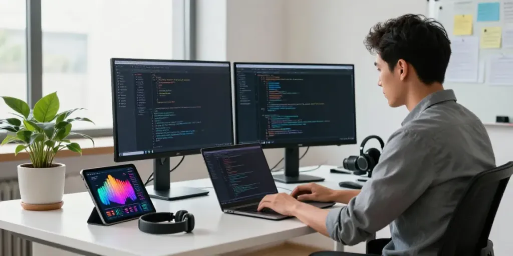 Webhosting workspace with a developer coding on dual monitors and creative notes.