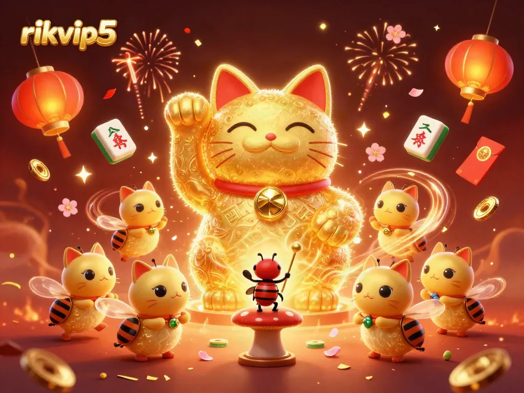 Experience the excitement at rikvip5 with a vibrant scene featuring a lucky cat surrounded by dynamic casino symbols.