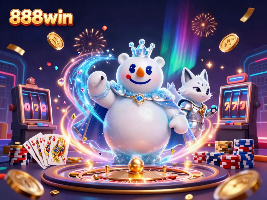 Experience the excitement of 888win with a rich illustration of animated characters amidst casino elements.