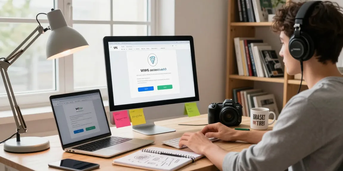 WPS Download showcasing a user engaged in a professional workspace with tech elements for productivity.