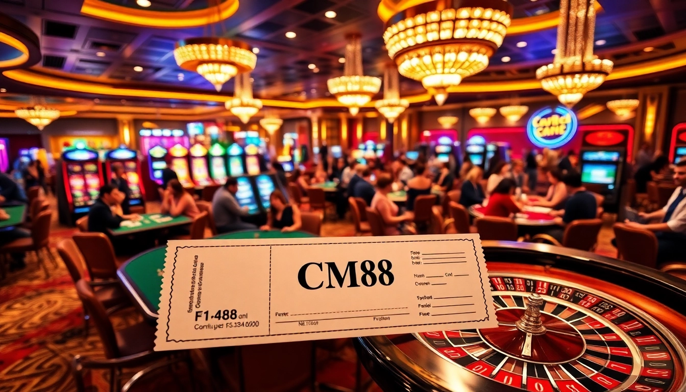 Excited gamblers playing at a casino featuring CM88 branded betting slips and vibrant gaming elements.