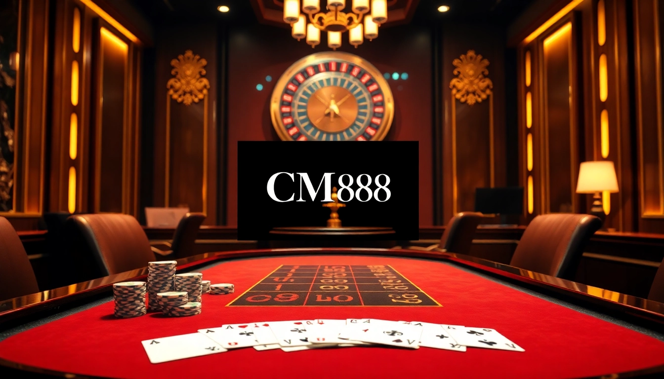 CM88 branded poker table set in an upscale casino ambiance, showcasing rich details and excitement.