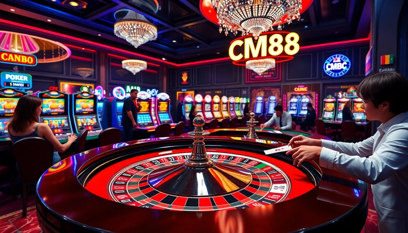 Experience thrilling gameplay at CM88 with exciting casino scenes featuring vibrant roulette and slot machines.