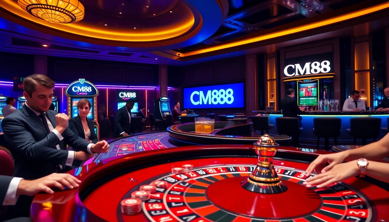 Experience the thrill of CM88 with poker chips and roulette in a vibrant casino atmosphere.