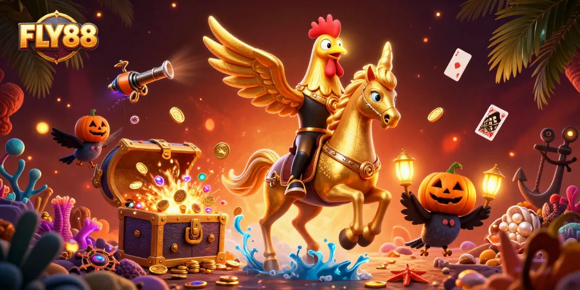 FLY88's thrilling golden rooster showcases casino excitement with glowing treasures and vibrant characters.