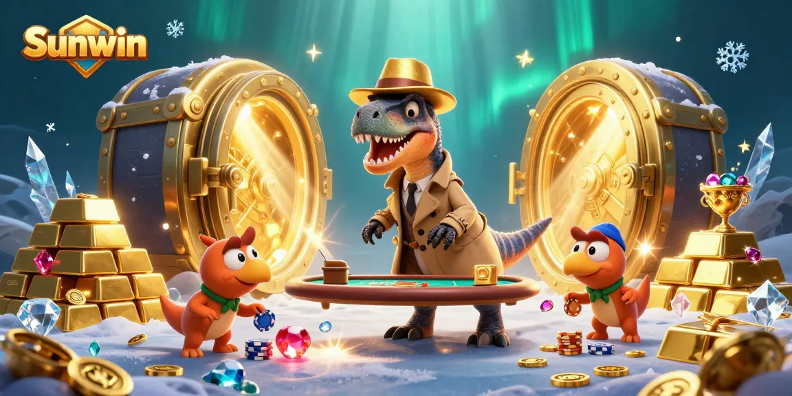 Sunwin players strategizing at a blackjack table with animated dinosaurs in a vibrant casino setting.