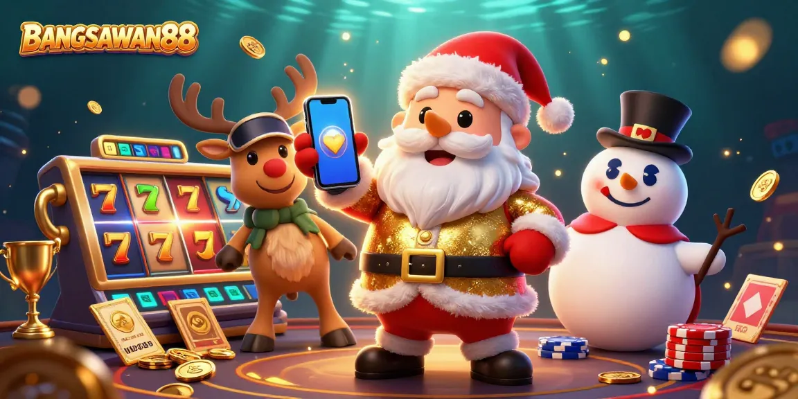 BANGSAWAN88 presents a vibrant 3D illustration showcasing Santa and friends at a thrilling slot machine jackpot.