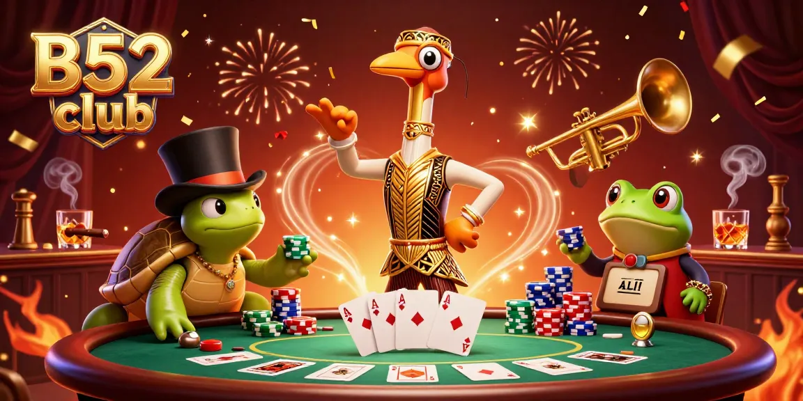 B52 club players enjoy an exciting poker game amid vibrant 3D casino art with colorful poker elements.