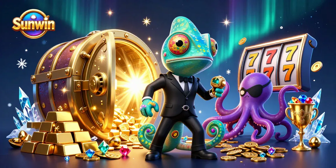 Experience Sunwin with an exciting 3D illustration of vibrant casino characters surrounded by treasures and slot reels.