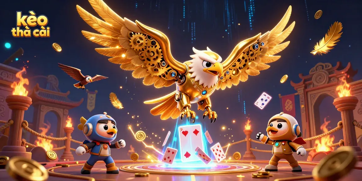 Engage with kèo nhà cái analysis through dynamic 3D illustration featuring golden eagle, holographic cards, and casino elements.