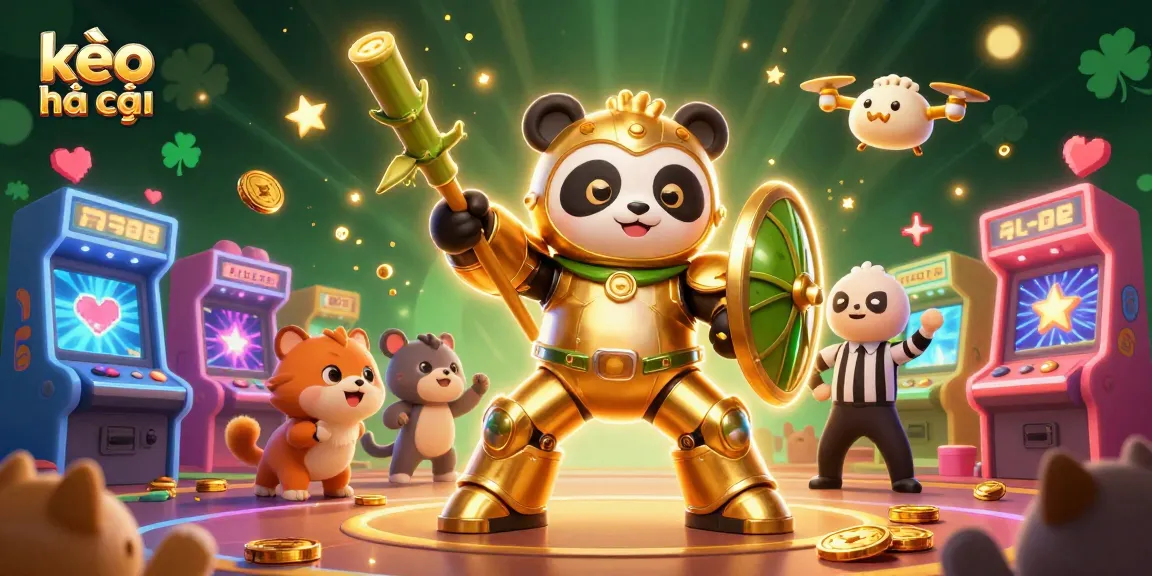 Engage in exciting kèo nhà cái action as a golden panda pilots a fighting robot amid cheering spectators.