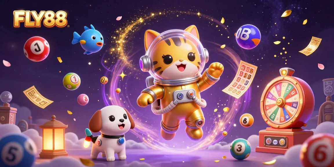 FLY88 enhances gaming with vibrant elements like lottery balls and prizes in a dynamic scene.