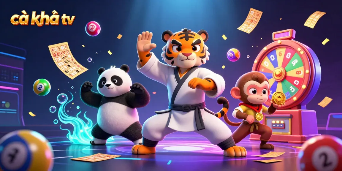 Engage in thrilling gambling with cà khịa tv as the kung fu tiger and panda bring luck amidst vibrant lottery elements.