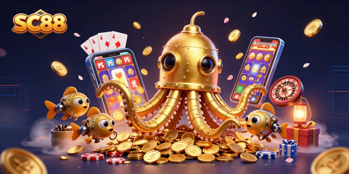 SC88 showcases thrilling casino action with a vibrant kraken submarine scene filled with games.