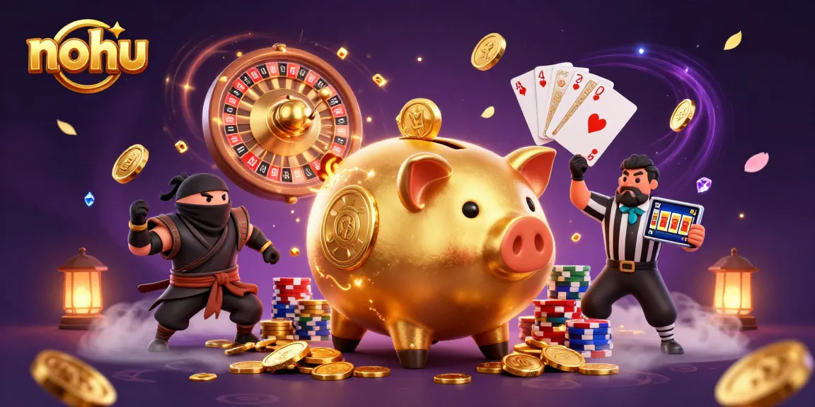 Nohu casino showdown featuring a golden piggy bank sumo wrestler and iconic gaming elements