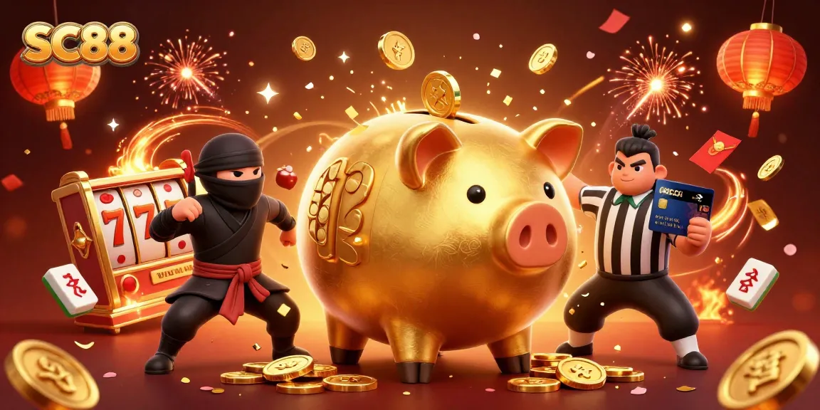 Join SC88's thrilling slot action with a golden piggy bank sumo wrestler and epic casino elements!