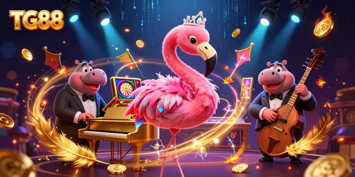 Play at TG88 with the flamingo singer and hippo bassist in a vibrant casino scene.