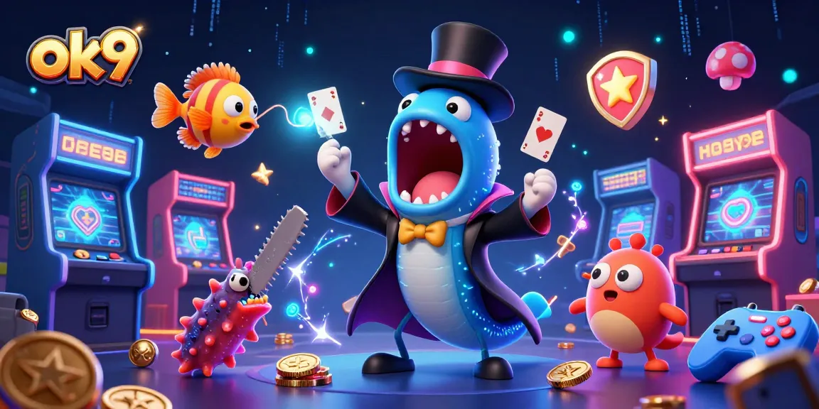 Watch the ok9 gulper eel perform exciting card tricks surrounded by vibrant arcade game elements.