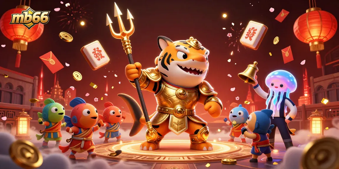 Engage with mb66's immersive casino experience featuring a tiger shark gladiator and festive elements.