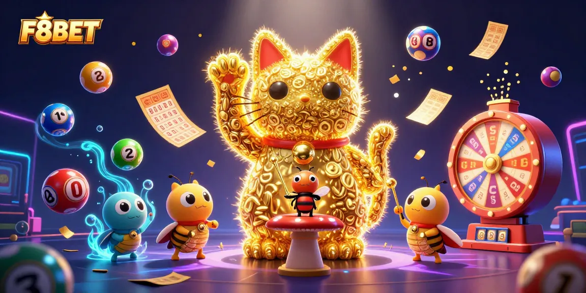 Experience the magic of F8BET with an enchanting lucky cat and vibrant casino elements.