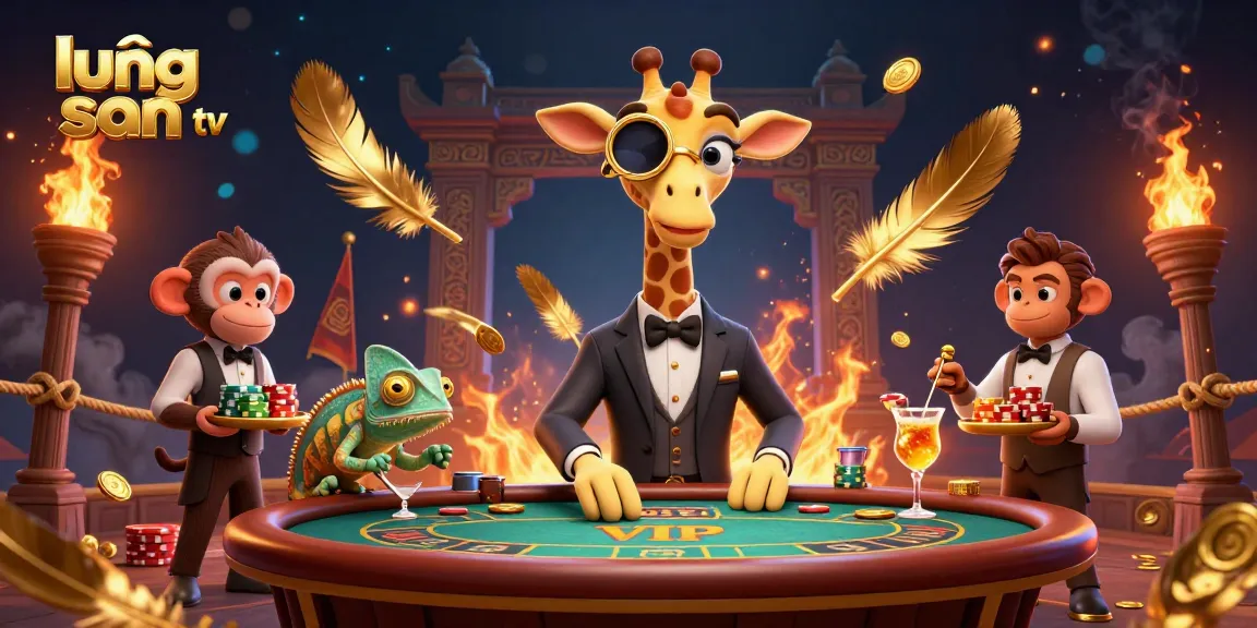 Watch lương sơn tv's immersive casino scene featuring a giraffe, monkey, and chameleon in action.