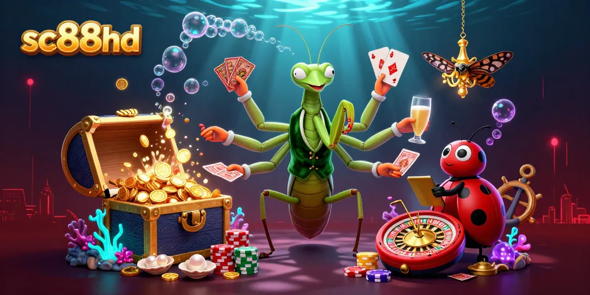 Engage in thrilling games at sc88hd with vibrant casino characters dealing cards and golden treasures.