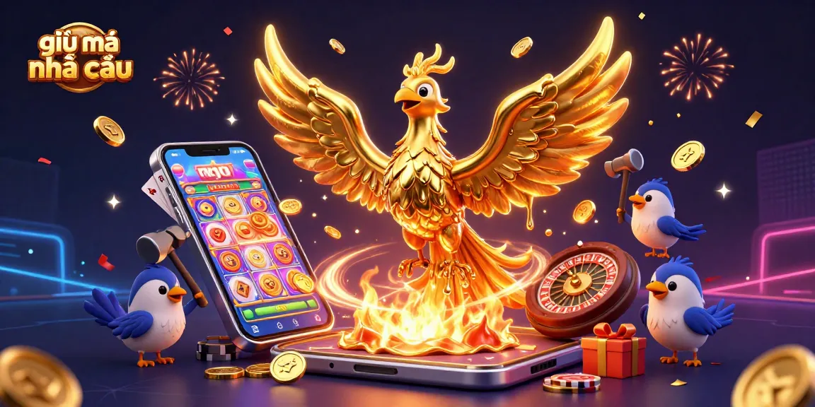 Experience "giải mã nhà cái" as golden coins burst forth from a phoenix, capturing the thrill of gambling.