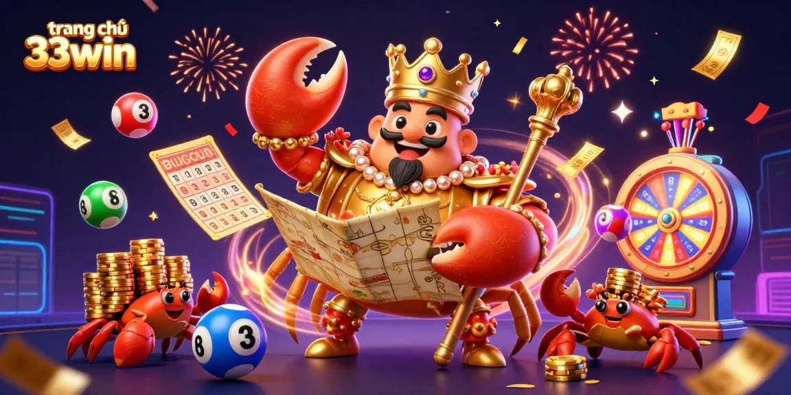 Engage in the excitement of gaming with trang chủ 33win, featuring a golden crab emperor amidst vibrant casino elements.